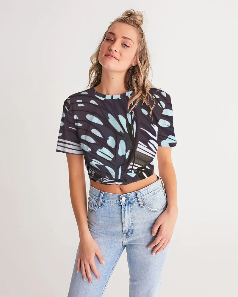 Abstract Blue Butterfly Wings Women's Twist-Front Cropped T Shirt