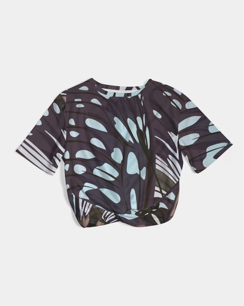 Abstract Blue Butterfly Wings Women's Twist-Front Cropped T Shirt