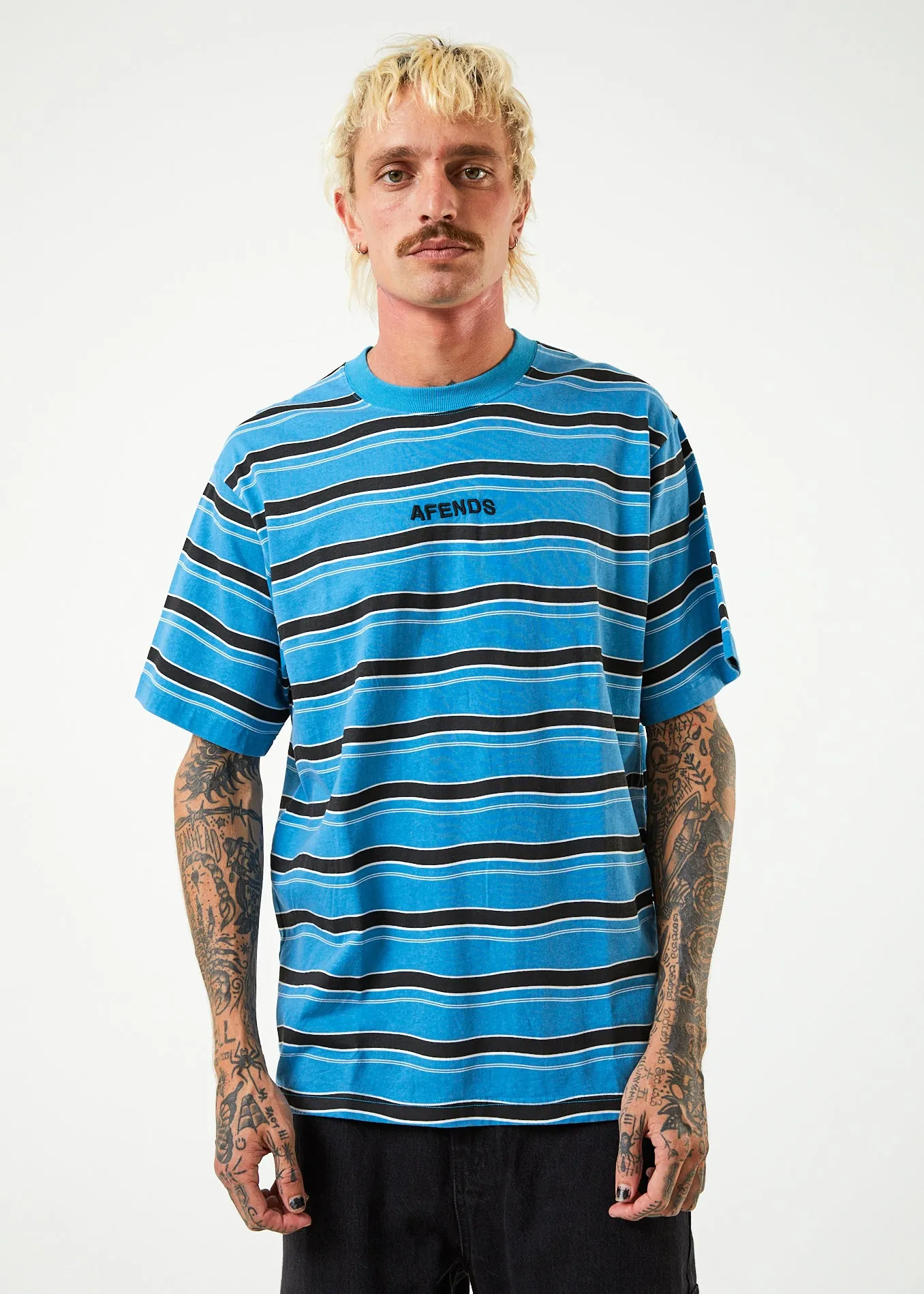 AFENDS Mens Warped - Retro Striped T-Shirt- Dark Teal