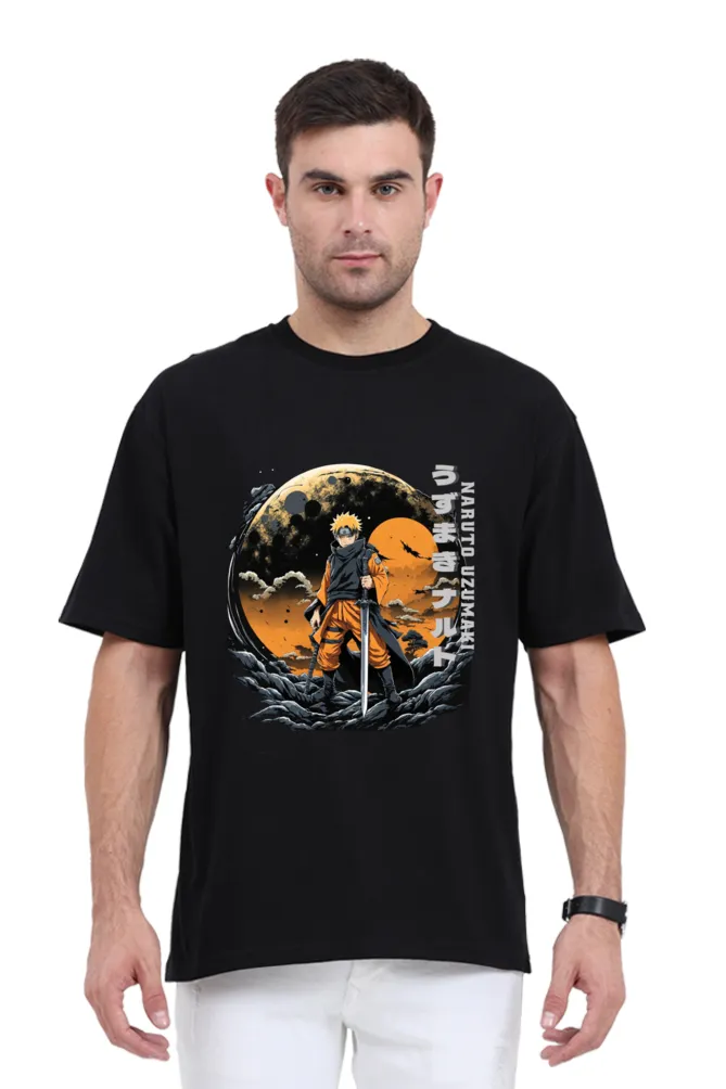 Anime Naruto Black Printed Oversized T-shirt for Men