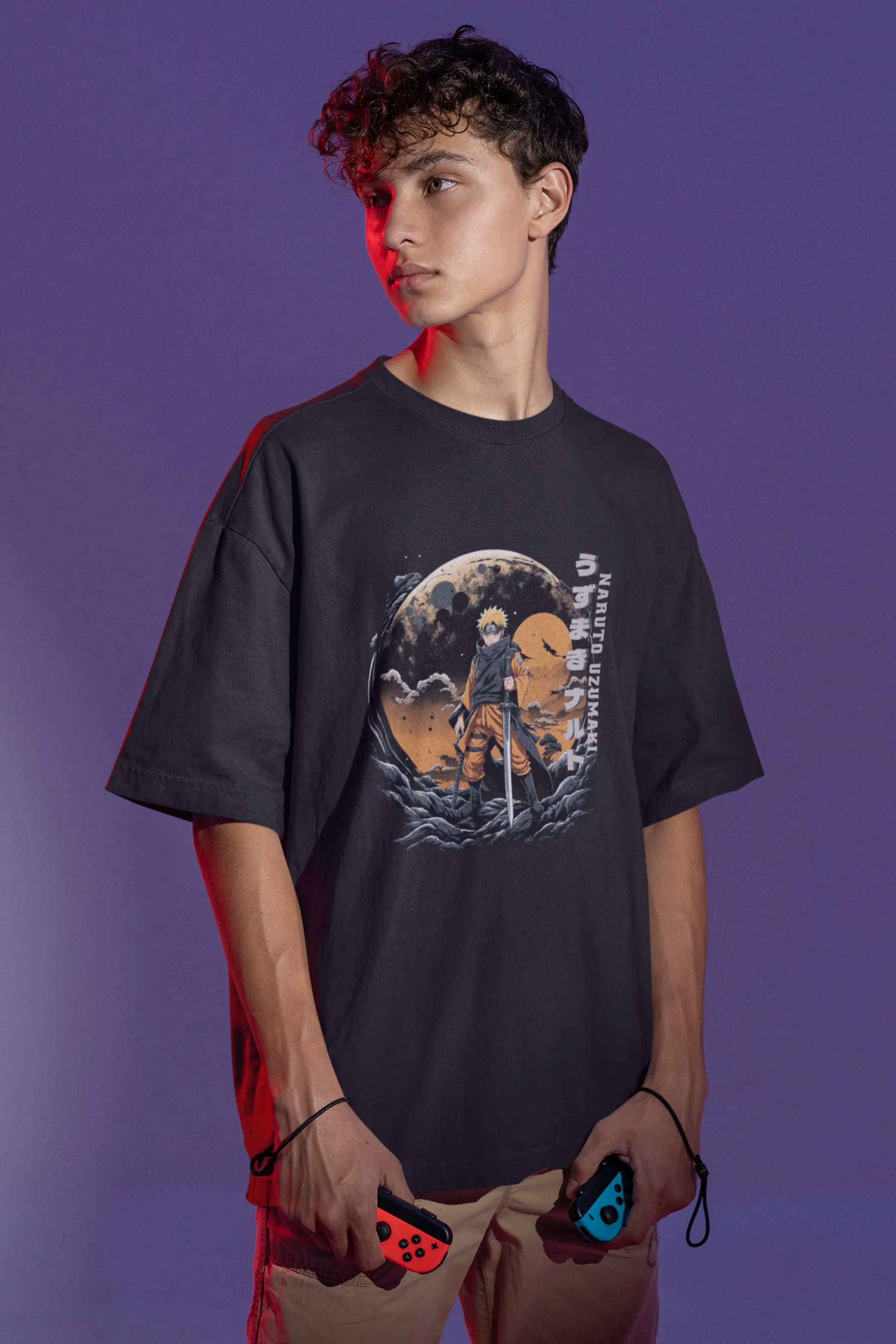 Anime Naruto Black Printed Oversized T-shirt for Men