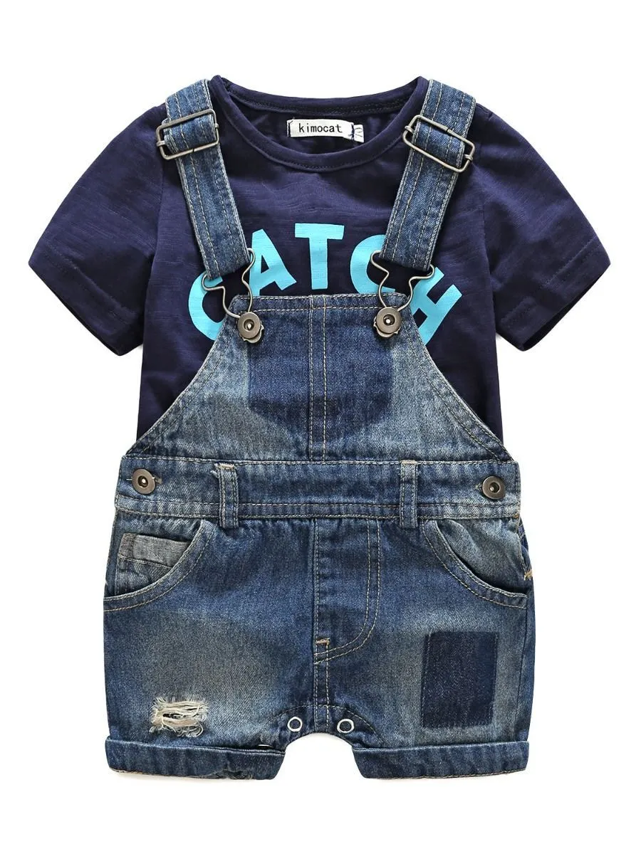 Baby Boy 2-Piece Summer Outfits Deepblue Top Denim Short Bib Overalls