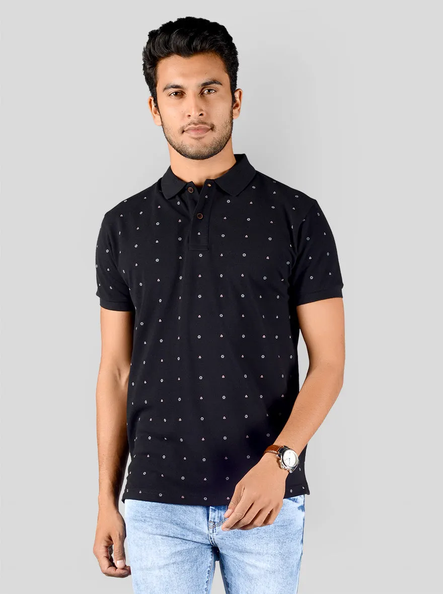 Black Printed Slim Fit Polo T-shirt | Greenfibre