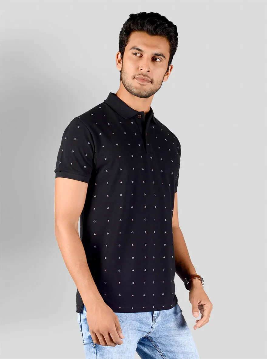 Black Printed Slim Fit Polo T-shirt | Greenfibre