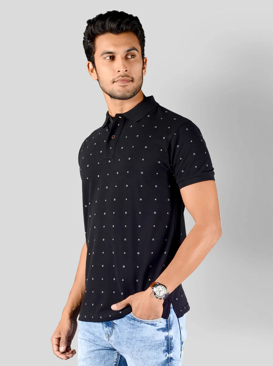 Black Printed Slim Fit Polo T-shirt | Greenfibre