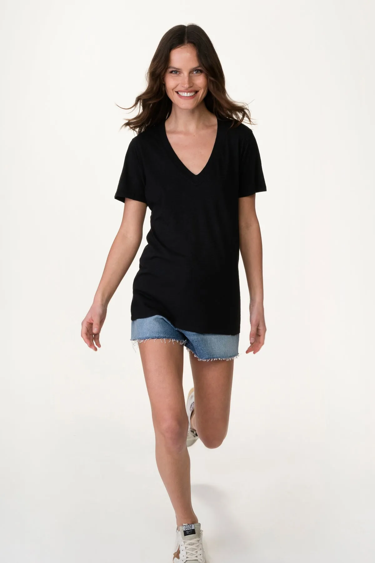 Black Sheer Slub V Neck Tee