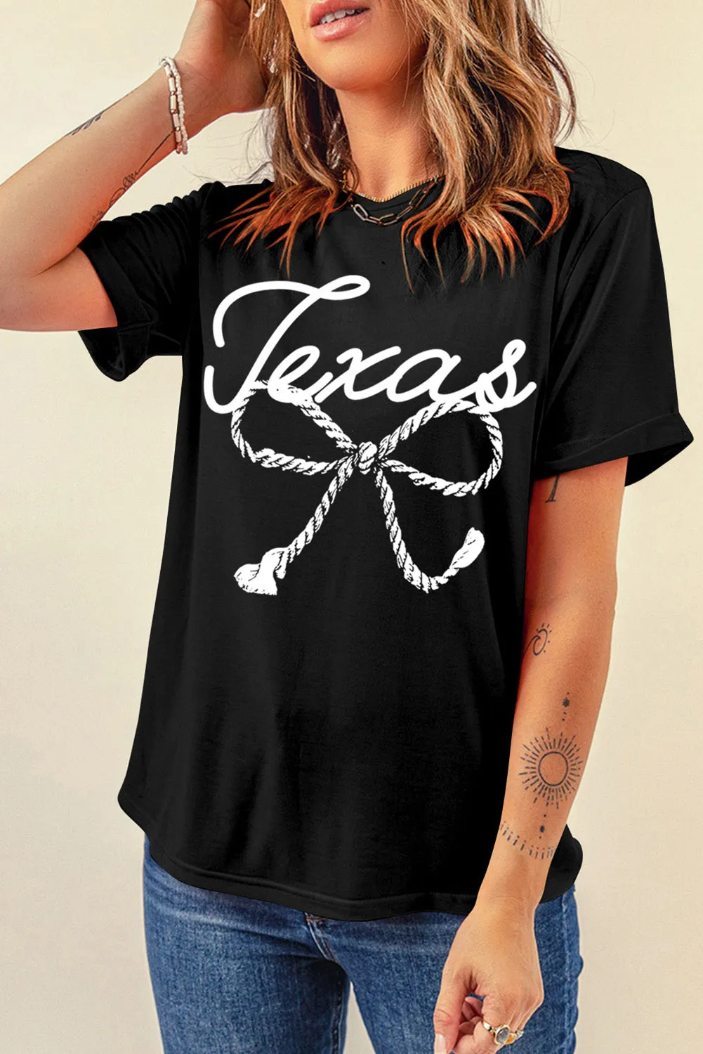 Black Texas Rope Bow Knot Print Crew Neck T Shirt