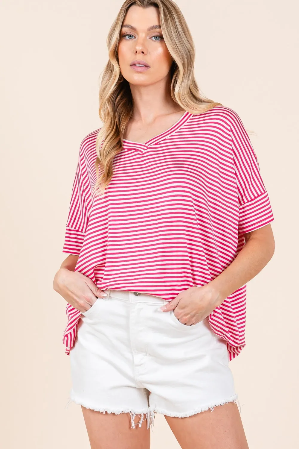 BOMBOM Striped V-Neck T-Shirt