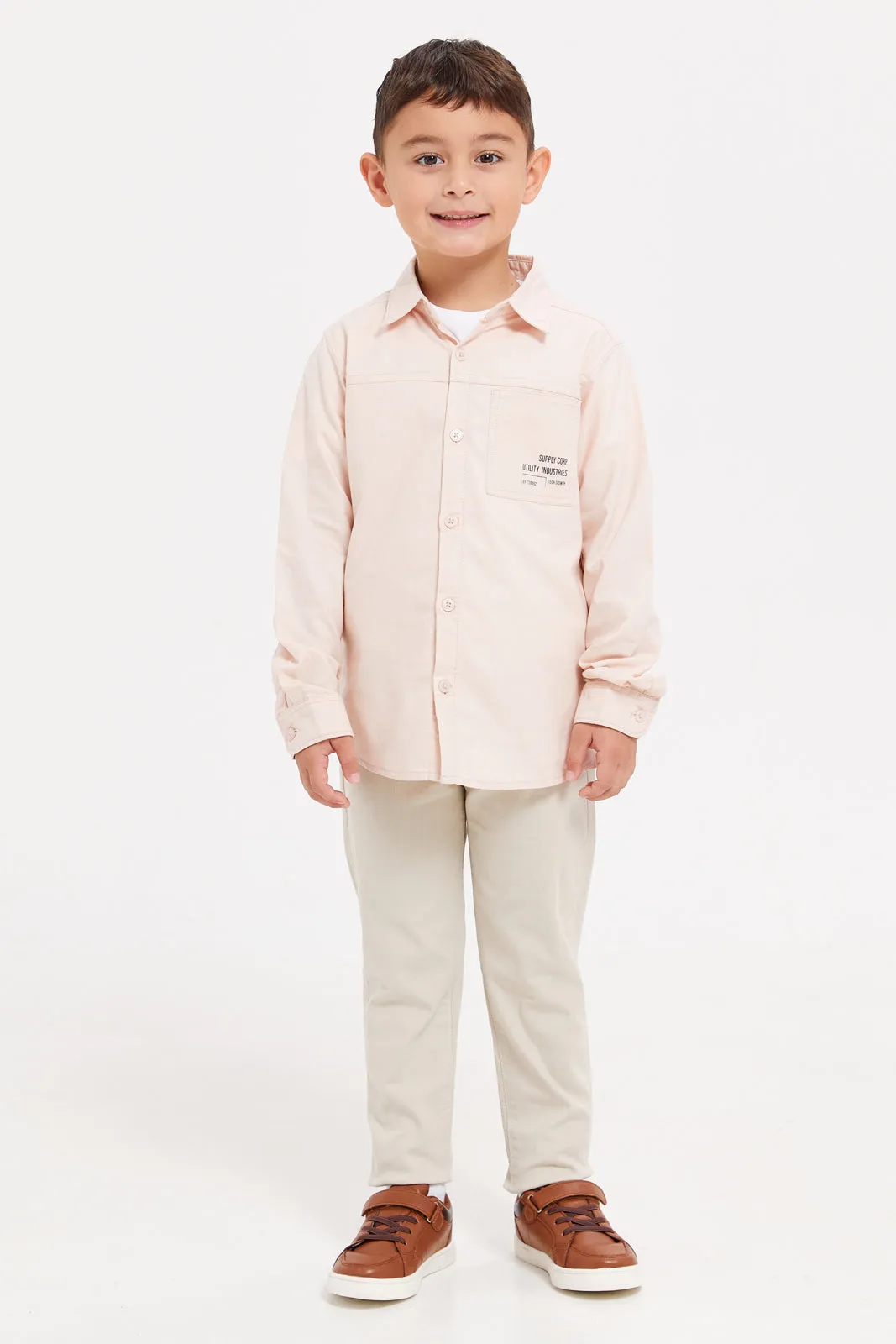 Boys Beige And White Shirt With T-Shirt Set (2 Piece)