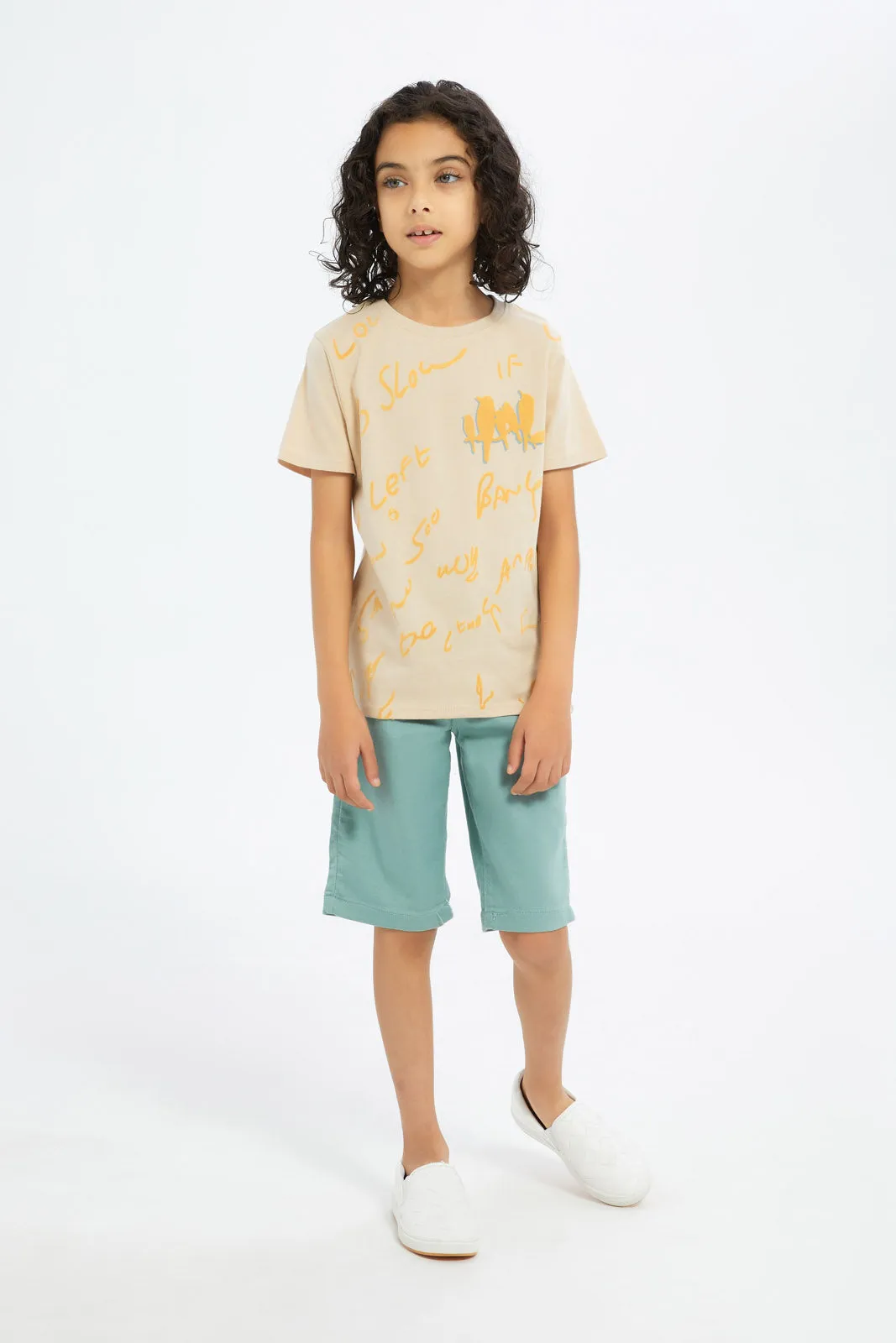 Boys Beige Printed T-Shirt