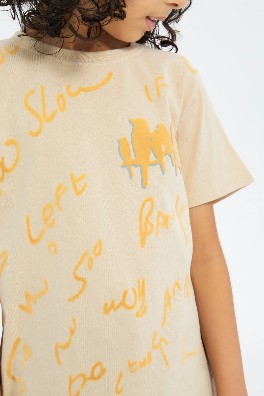 Boys Beige Printed T-Shirt