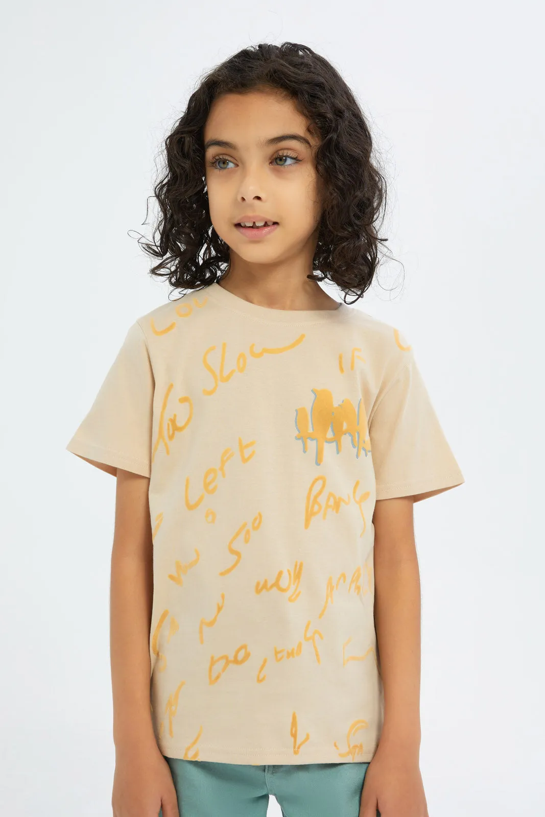 Boys Beige Printed T-Shirt