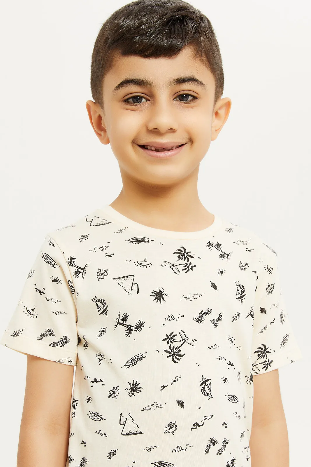 Boys Beige Summer Short Sleeve Printed T-Shirt