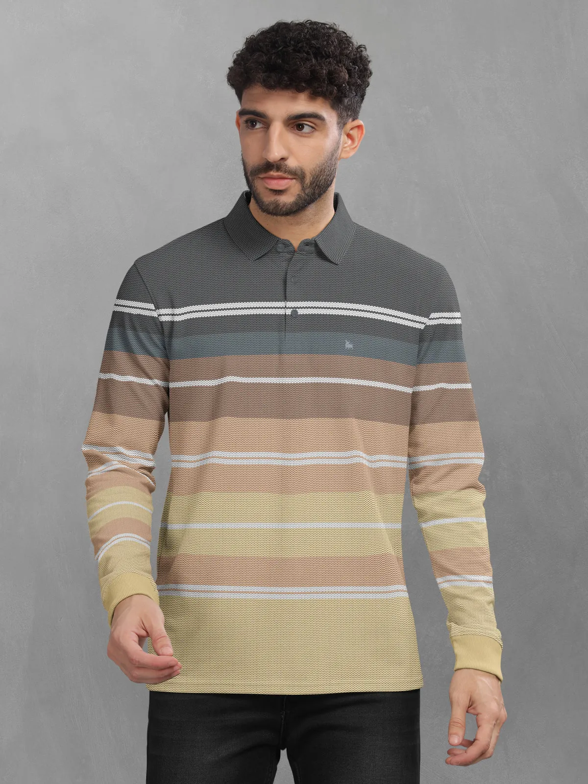 BULLMER Yellow Striped Textured Printed Polo Neck FullSleeve T-shirt With Rib For Men