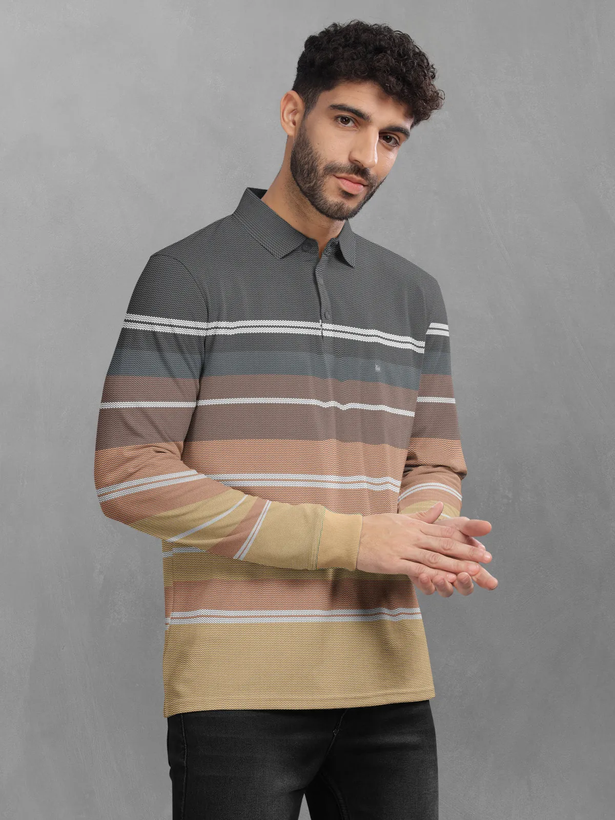 BULLMER Yellow Striped Textured Printed Polo Neck FullSleeve T-shirt With Rib For Men