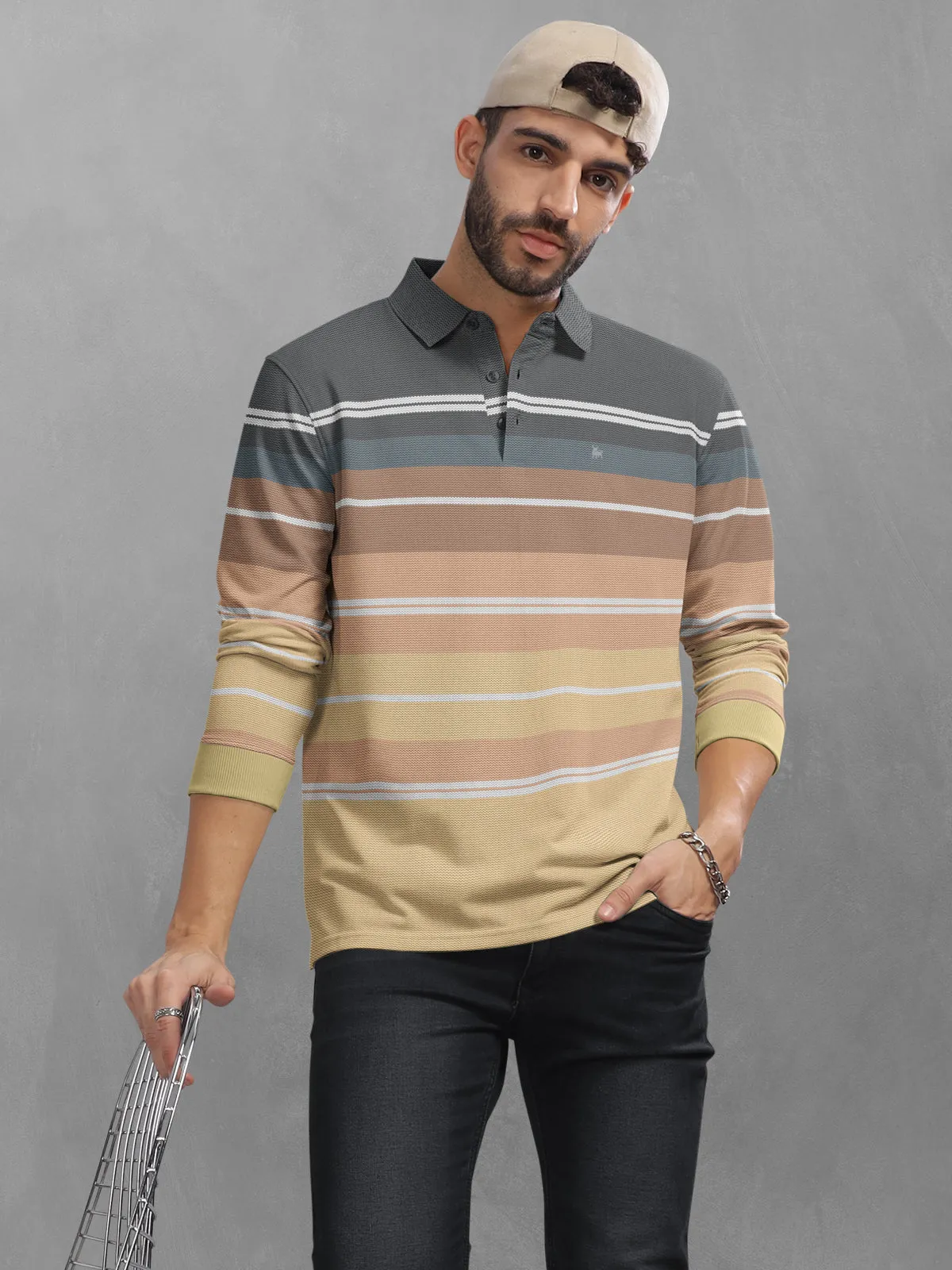 BULLMER Yellow Striped Textured Printed Polo Neck FullSleeve T-shirt With Rib For Men