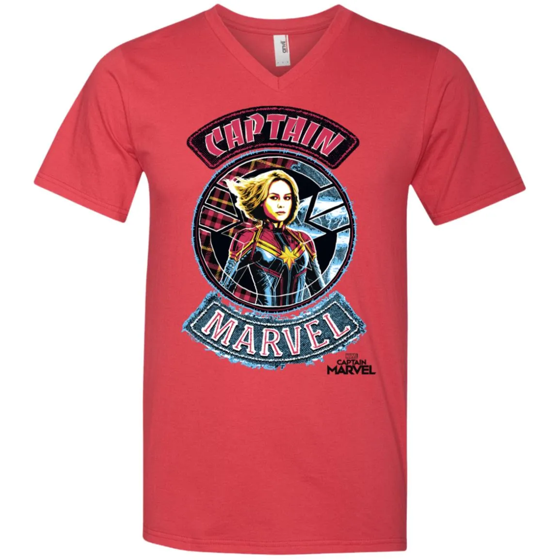 Captain Marvel Stitched Patched Portrait Men V-Neck T-Shirt