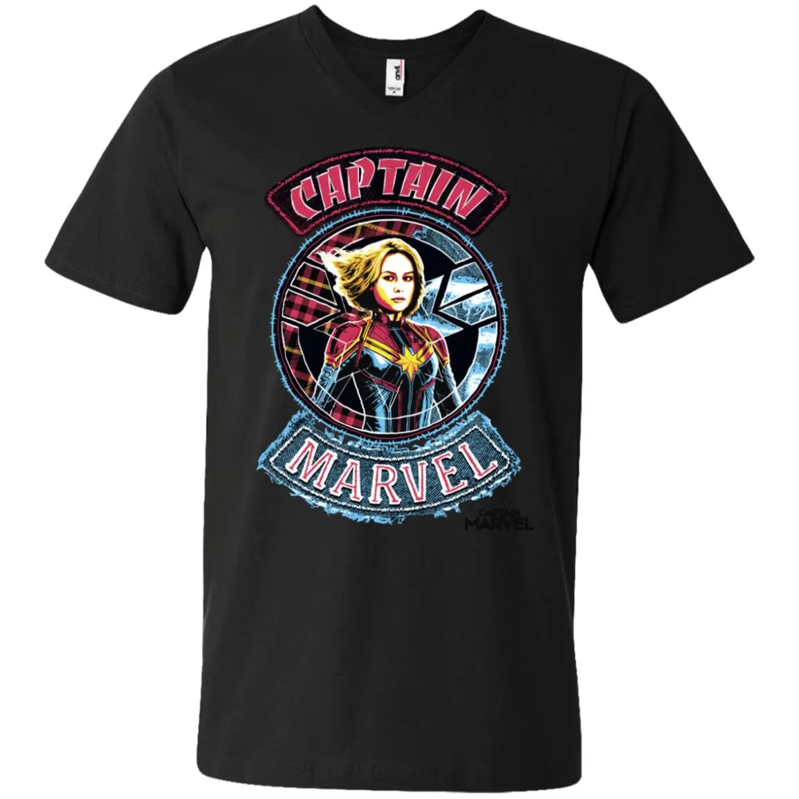 Captain Marvel Stitched Patched Portrait Men V-Neck T-Shirt