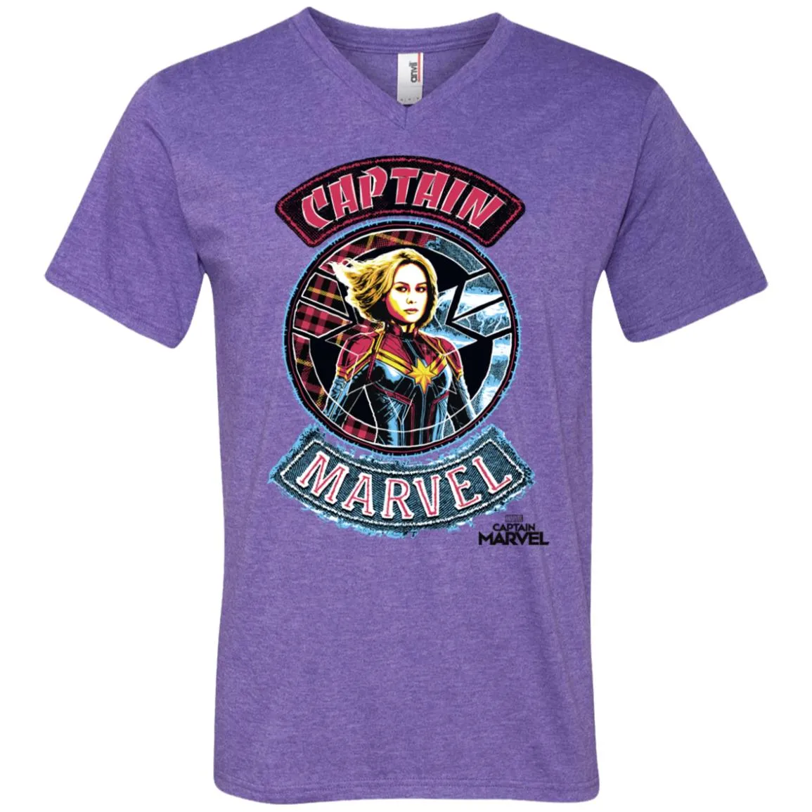 Captain Marvel Stitched Patched Portrait Men V-Neck T-Shirt