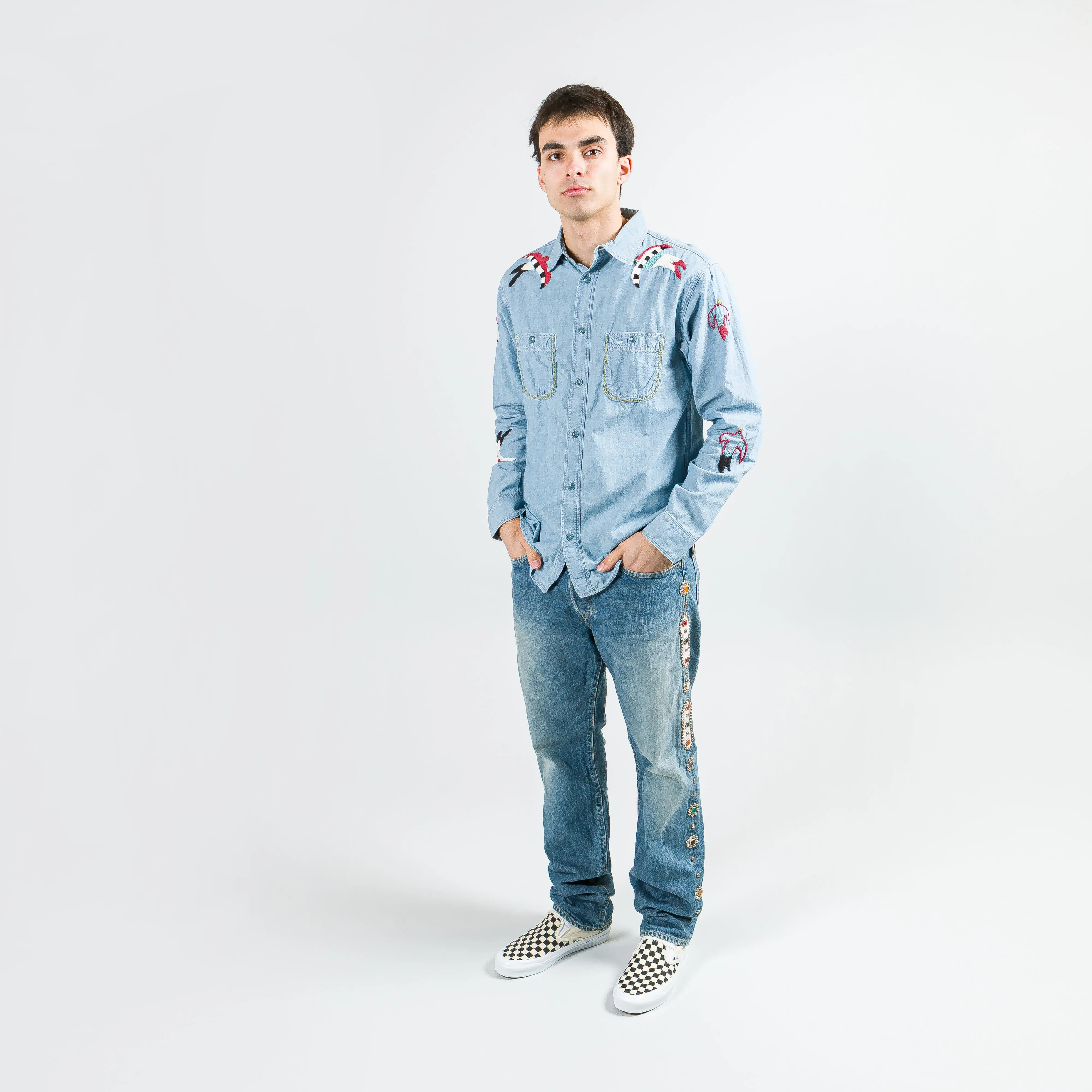 Chambray WORK Shirt (Swallow Embroidery) - Sax