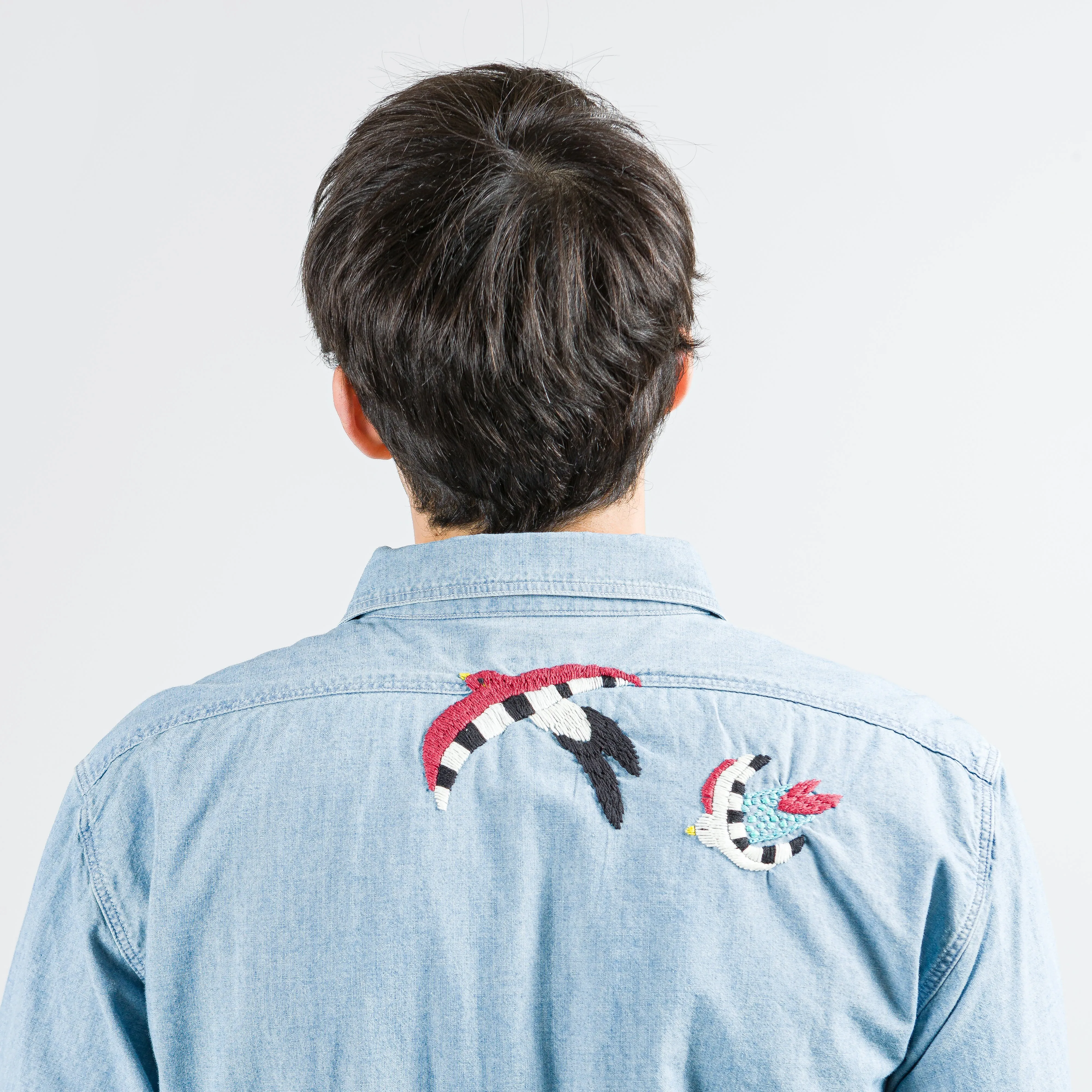 Chambray WORK Shirt (Swallow Embroidery) - Sax