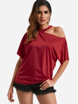 Custom One Shoulder Cut Out Short Sleeve Red Top