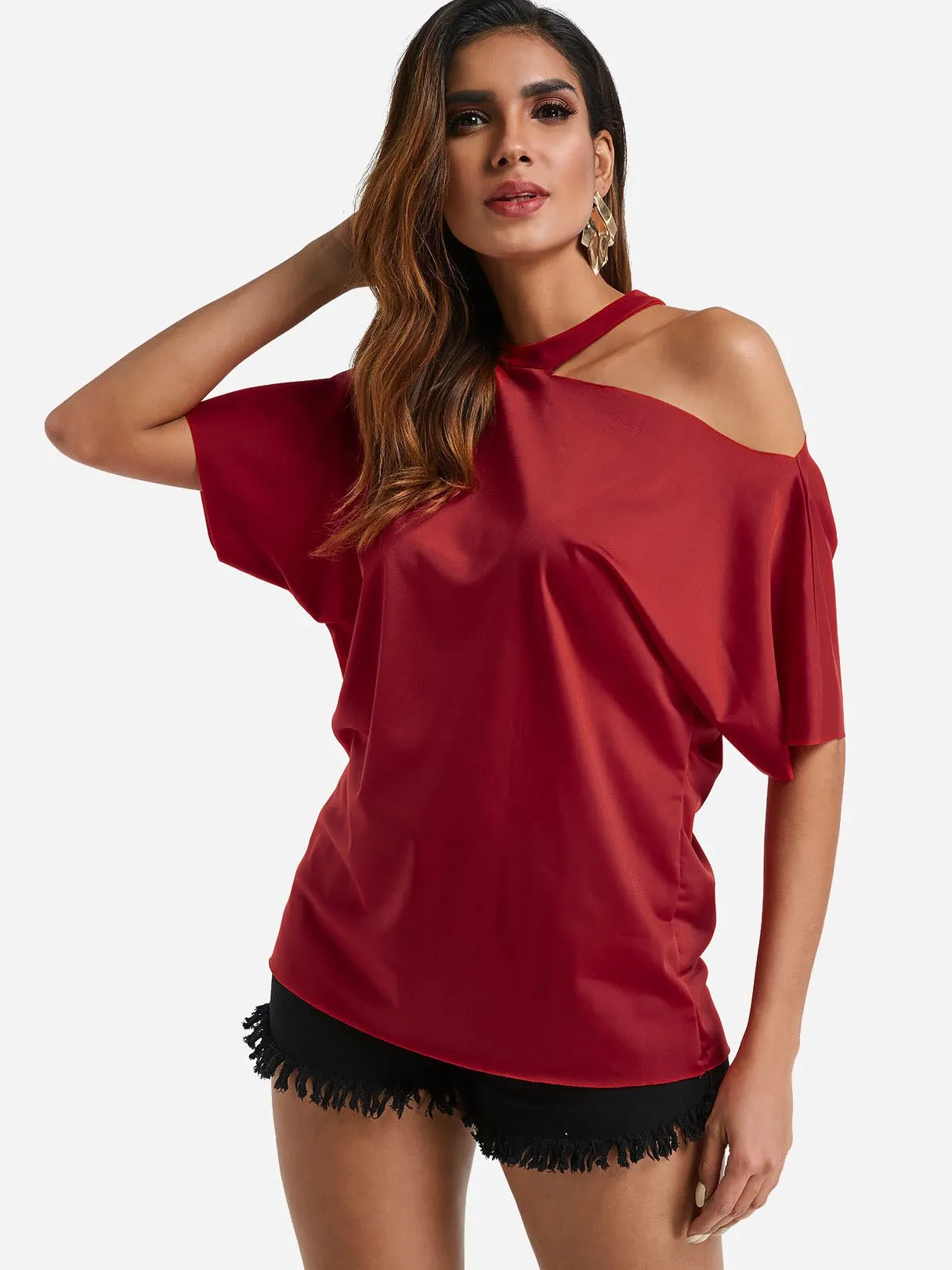 Custom One Shoulder Cut Out Short Sleeve Red Top