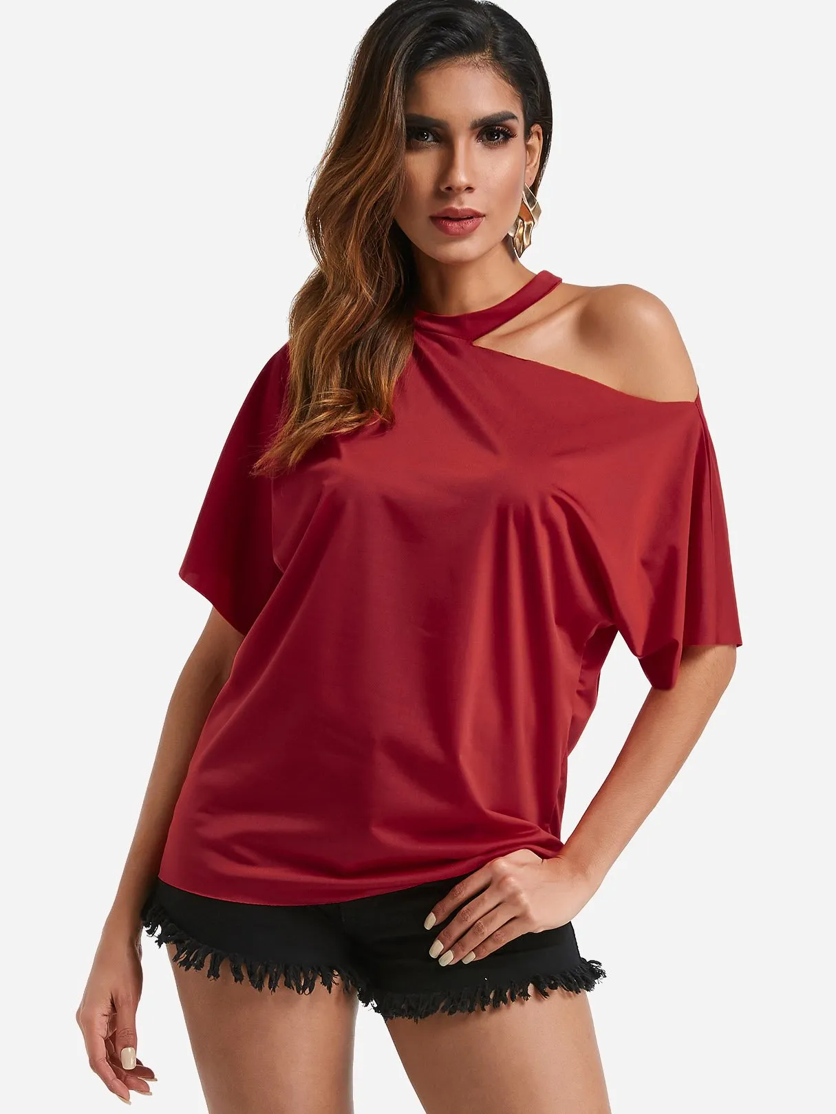 Custom One Shoulder Cut Out Short Sleeve Red Top