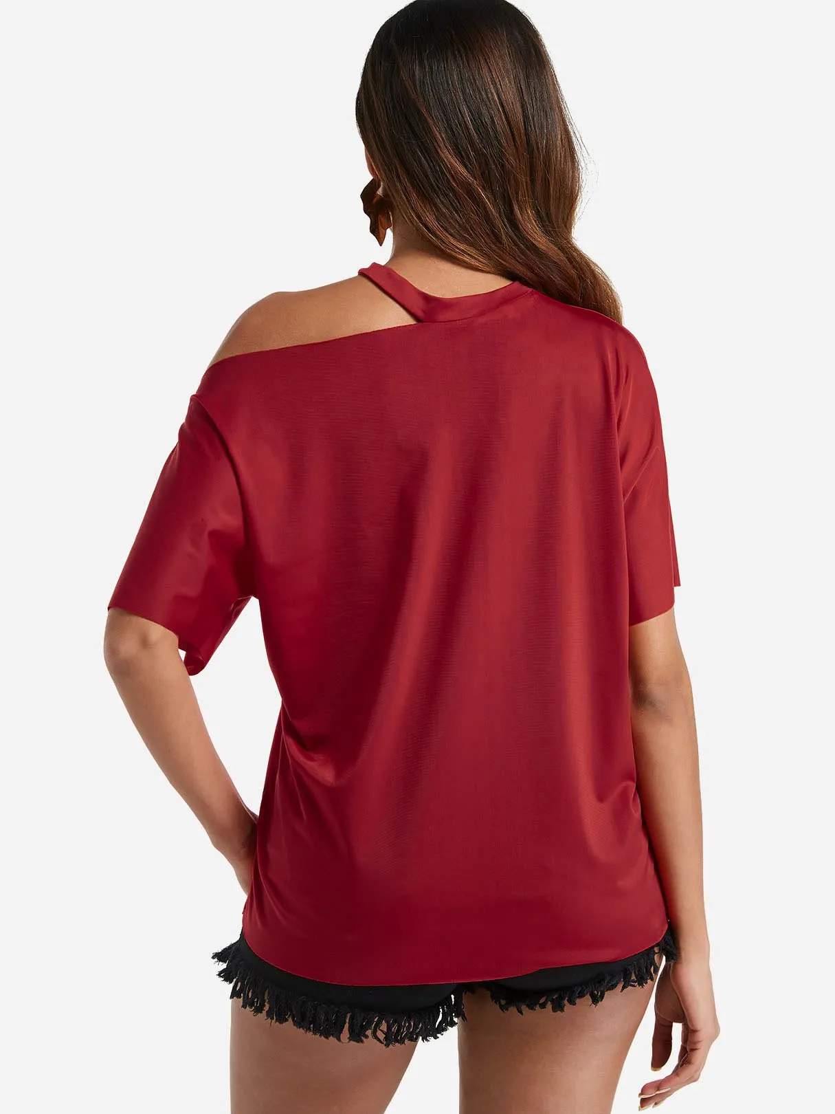 Custom One Shoulder Cut Out Short Sleeve Red Top