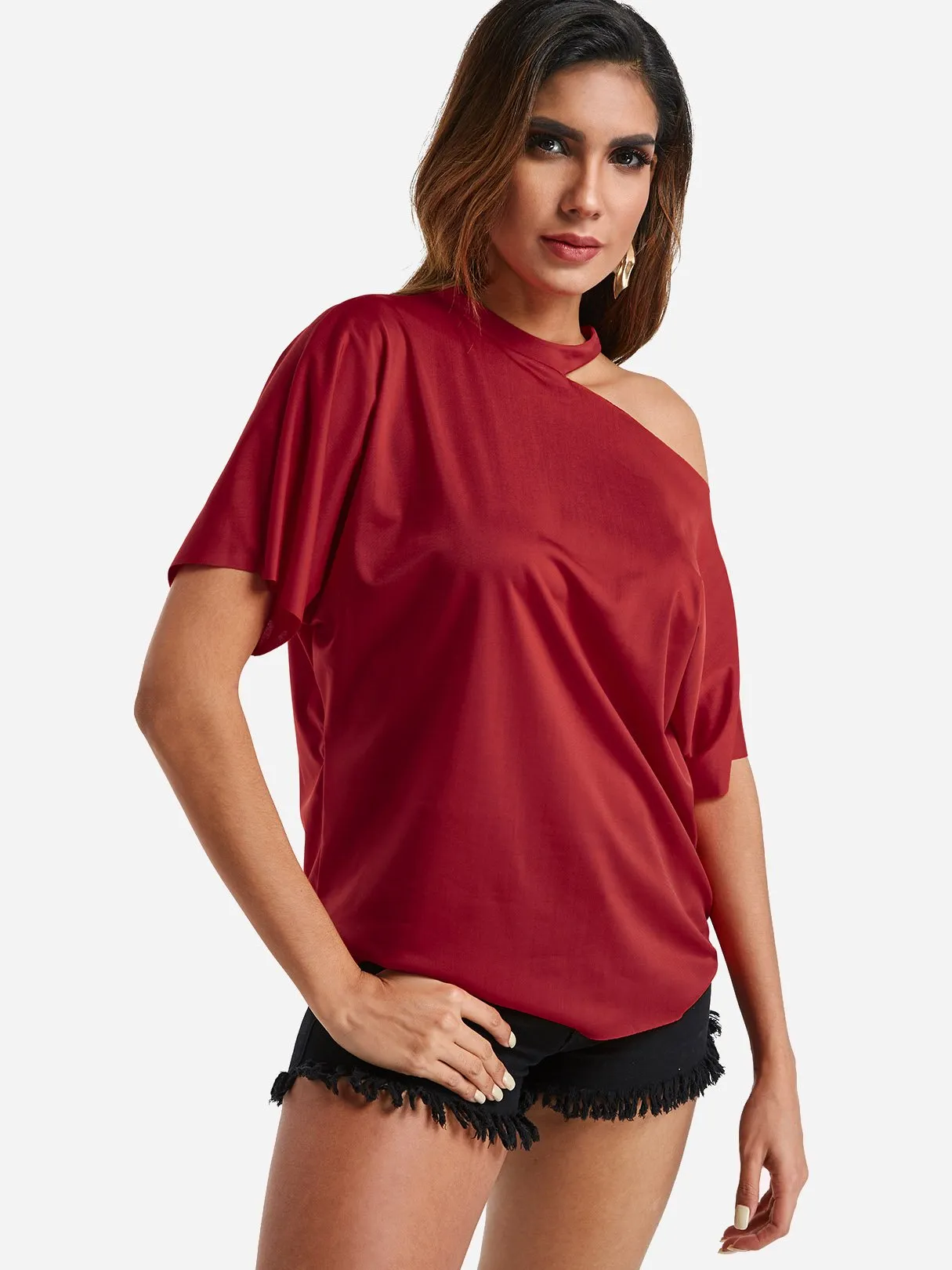 Custom One Shoulder Cut Out Short Sleeve Red Top