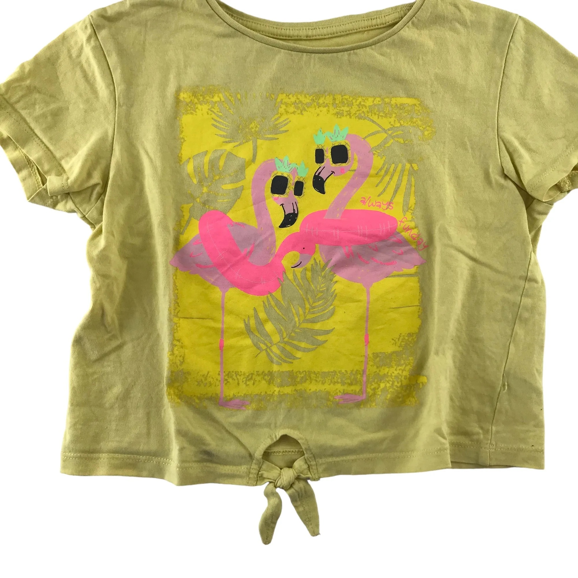 Dunnes Stores t-shirt 8-9 years yellow cropped flamingo cotton