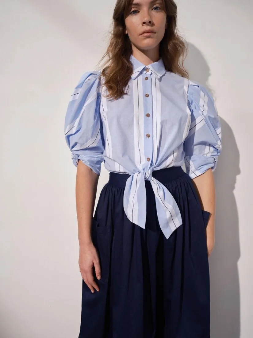 Ellery Knot Sleeve Tie Front Shirt White & Blue Stripe