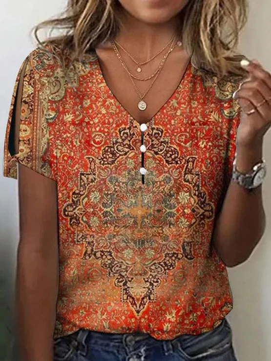 Ethnic Buckle Loose V Neck T-Shirt AA3