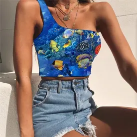 Fish Tank Tops Women Animal Sleeveless Shirt Tracksuits One Shoulder Crop Ocean Tees Graphic Fishinger Midriff T shirt