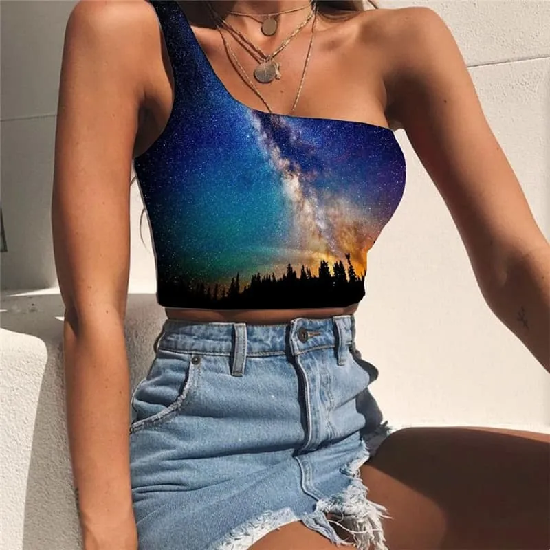 Galaxy Tank Tops Women Space Midriff T shirt Universe Sleeveless Shirt Tree One Shoulder Crop