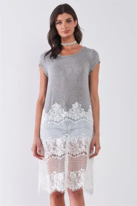 Heather Grey & White Sheer Crochet Mesh Combo Raw Hem Detail Tunic Midi Dress /1-2-2-1