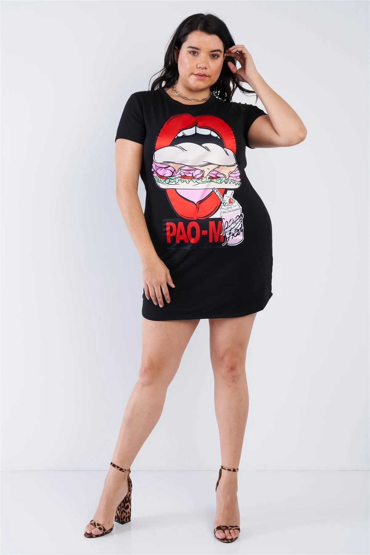 Junior Plus Size Black Graphic T-shirt Dress /1-1-2