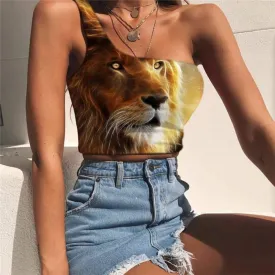 Lion Vest Tops Women Animal One Shoulder Crop Anime Sleeveless Shirt Galaxy Midriff T shirt Universe Tees Graphic