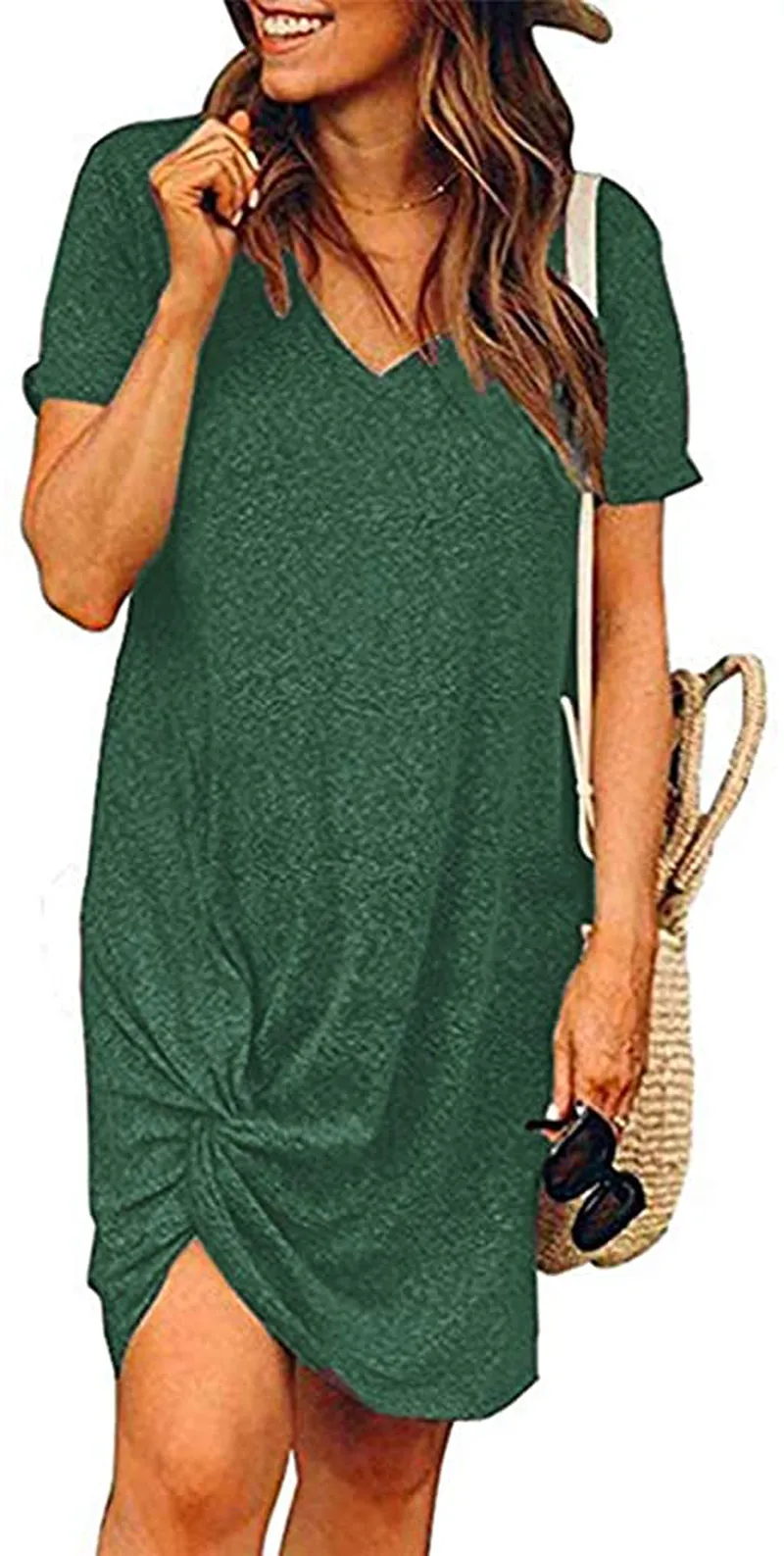 Locryz Women's Summer Twist Knot Tshirt Dresses Casual V Neck Short Sleeve Knot Dress