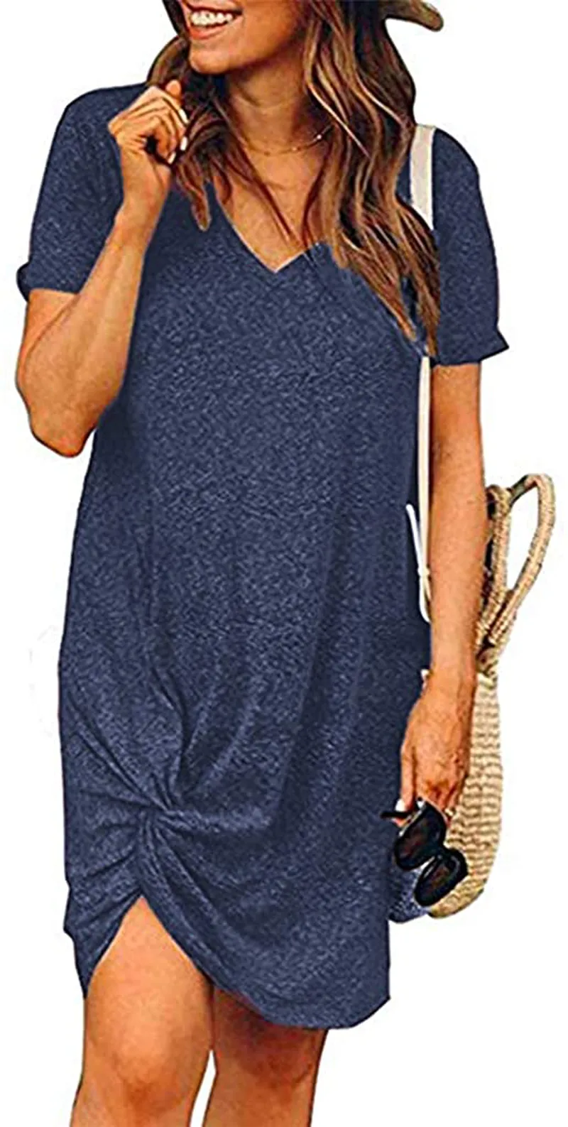 Locryz Women's Summer Twist Knot Tshirt Dresses Casual V Neck Short Sleeve Knot Dress