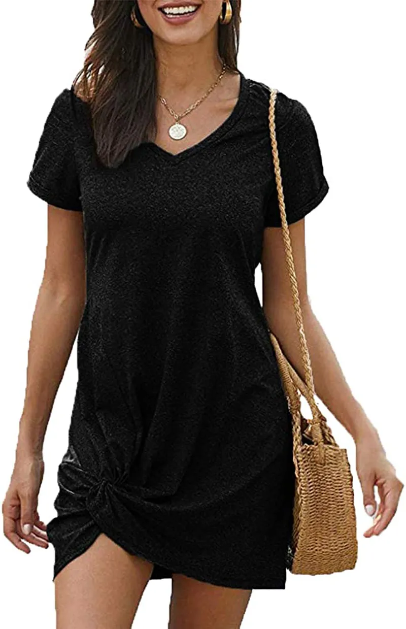 Locryz Women's Summer Twist Knot Tshirt Dresses Casual V Neck Short Sleeve Knot Dress