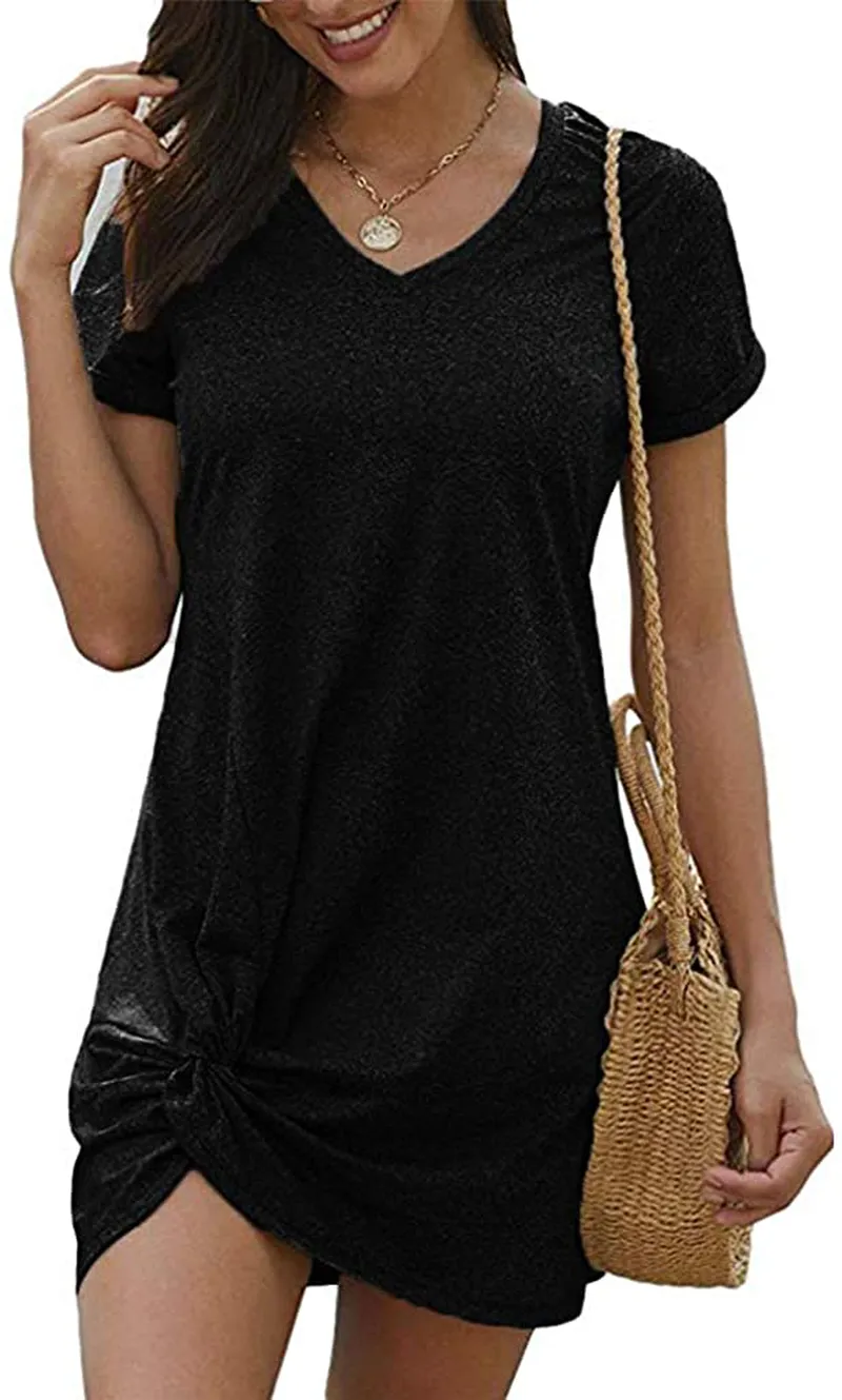 Locryz Women's Summer Twist Knot Tshirt Dresses Casual V Neck Short Sleeve Knot Dress