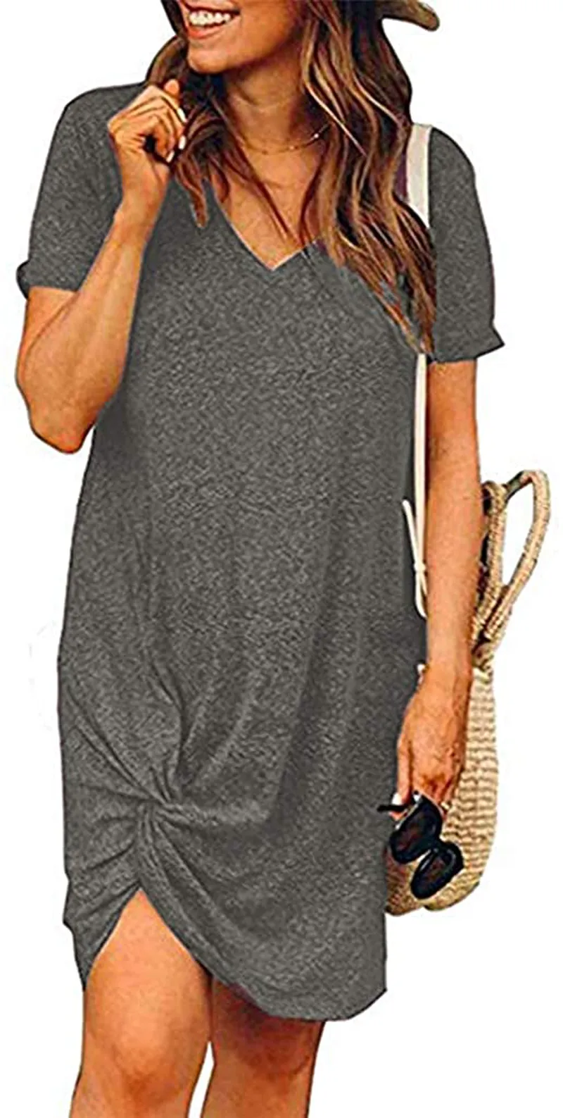 Locryz Women's Summer Twist Knot Tshirt Dresses Casual V Neck Short Sleeve Knot Dress