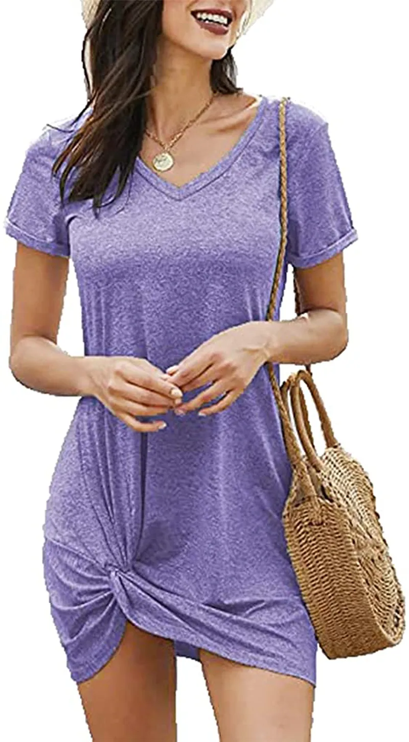 Locryz Women's Summer Twist Knot Tshirt Dresses Casual V Neck Short Sleeve Knot Dress