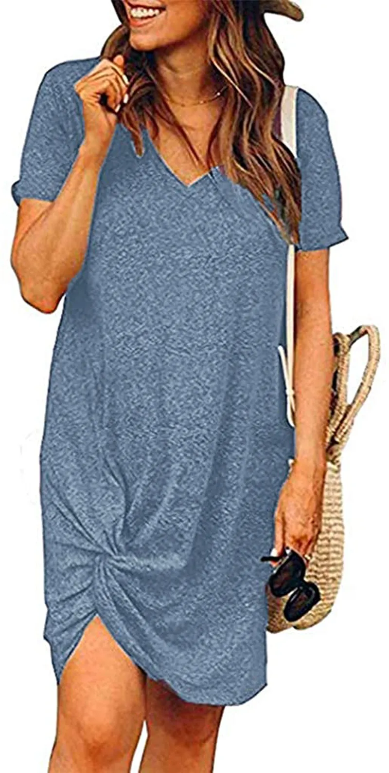 Locryz Women's Summer Twist Knot Tshirt Dresses Casual V Neck Short Sleeve Knot Dress