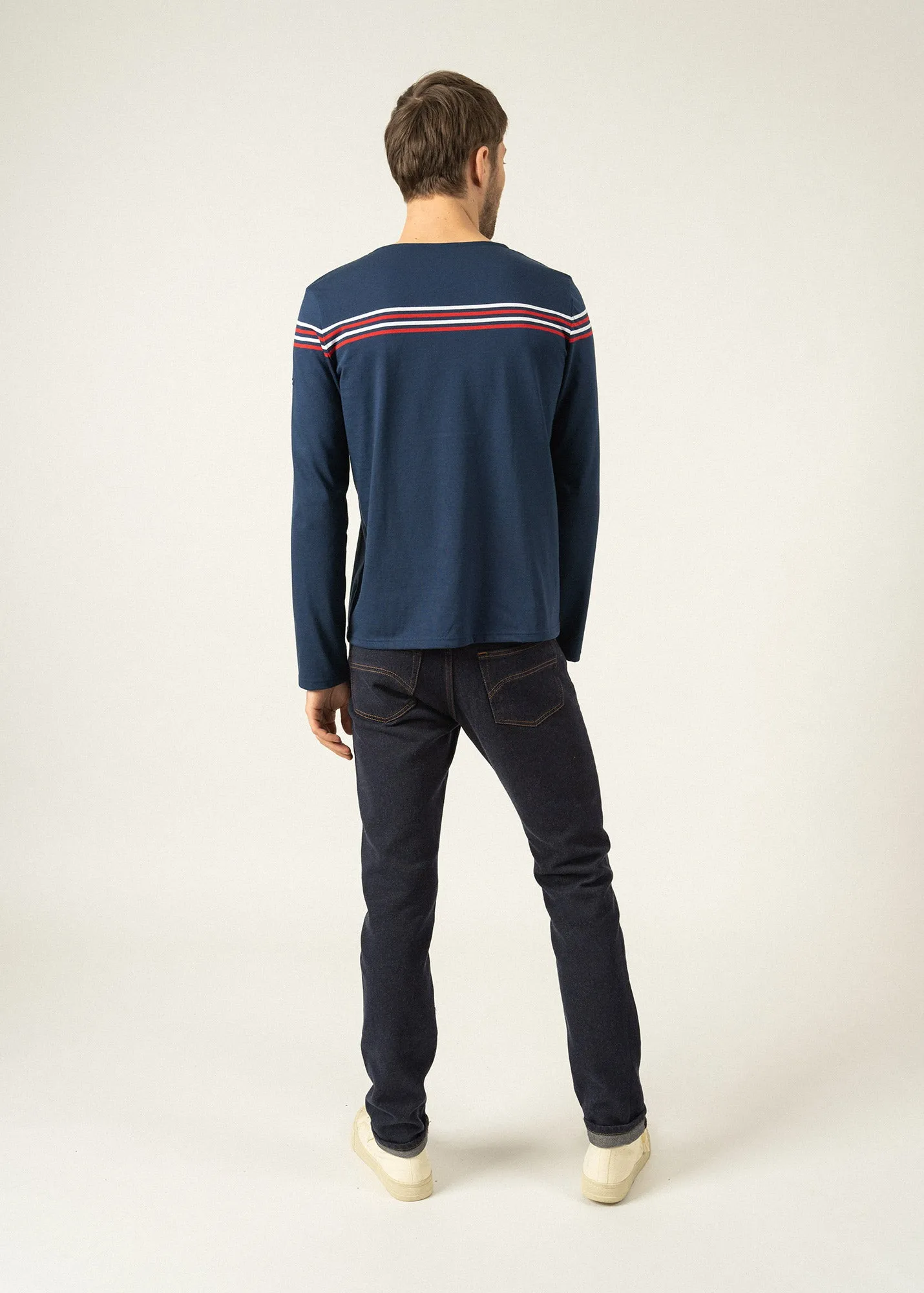 Long sleeve t-shirt with placed stripes - SAINT JAMES x Elysée (MARINE/TULIPE/NEIGE)