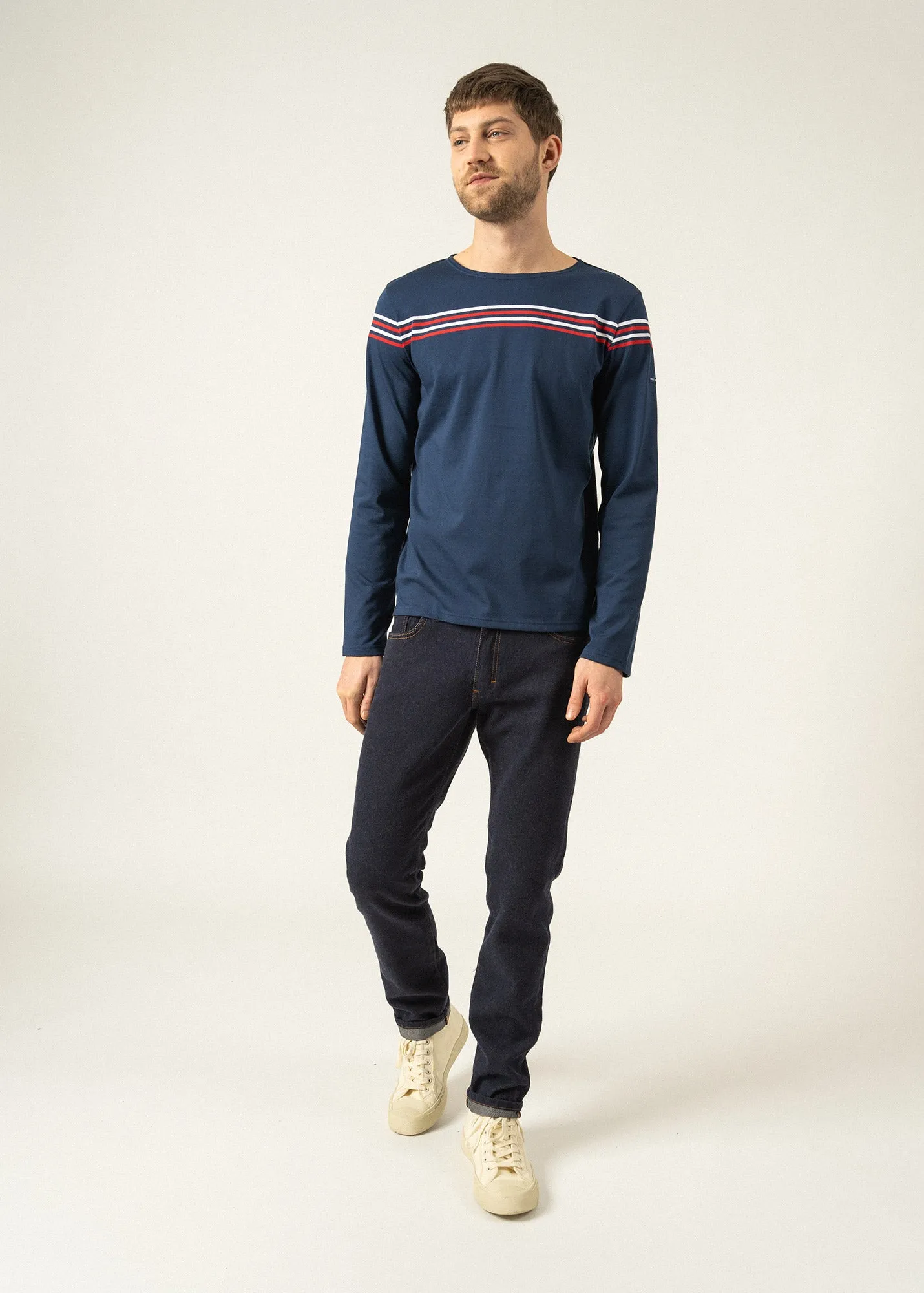 Long sleeve t-shirt with placed stripes - SAINT JAMES x Elysée (MARINE/TULIPE/NEIGE)