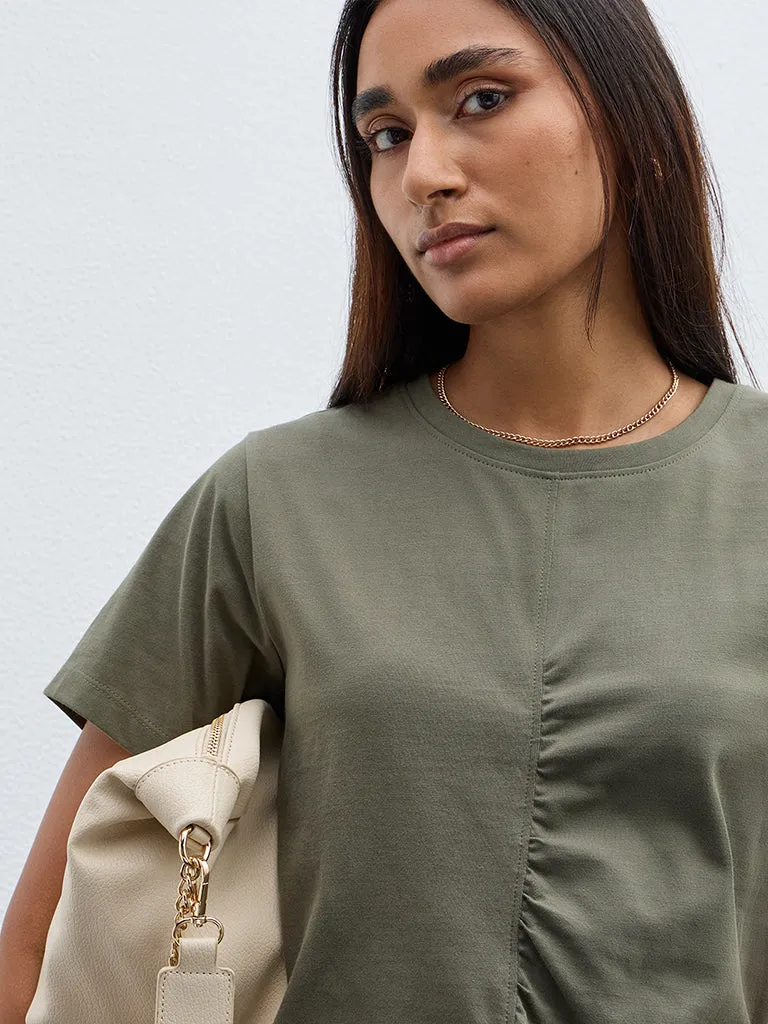 LOV Olive Ruched Cotton T-Shirt