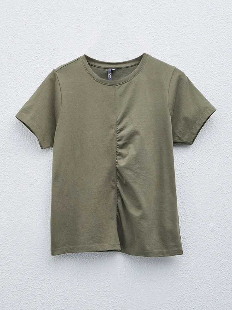 LOV Olive Ruched Cotton T-Shirt