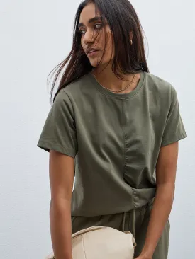 LOV Olive Ruched Cotton T-Shirt